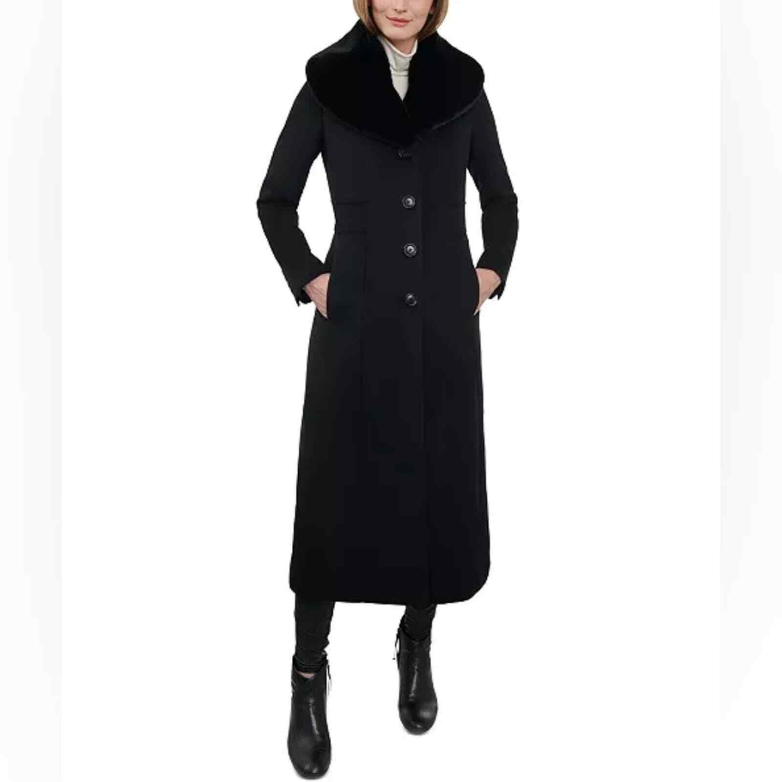 Anne Klein Women's Faux Fur Collar Maxi Cashmere Blend Coat, Black Size 12 New